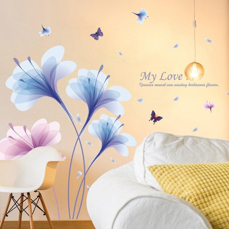 Stickers muraux Bleu Hortensia Fleur, En volant Floral Papillon