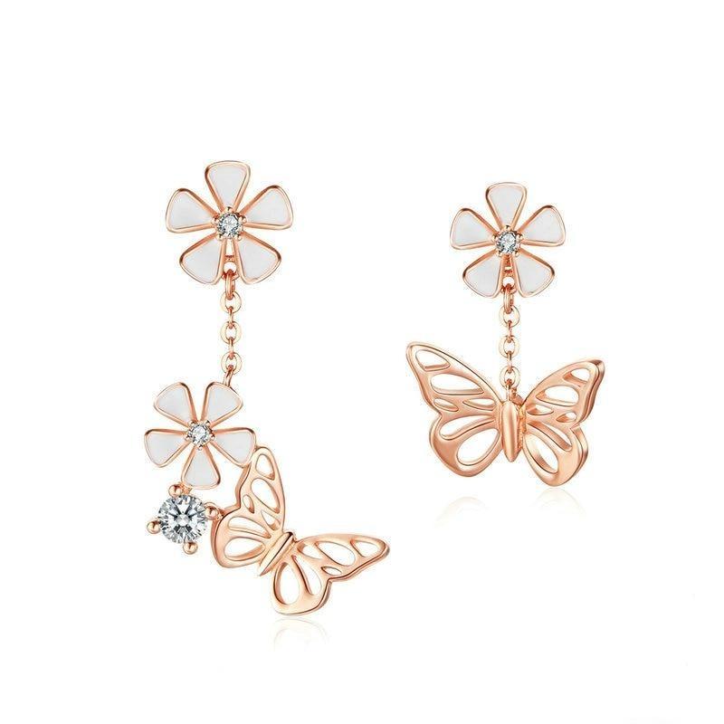Boucles d'oreilles pendantes fleurs et papillons