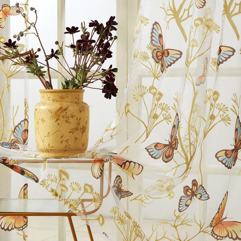 Double rideaux fleurs avec motifs papillons