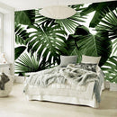 Papier peint feuillage vert fond blanc